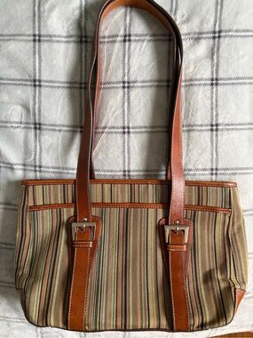 Vintage Etienne Aigner Multi-Color Striped Canvas & Leather Shoulder Bag Tote